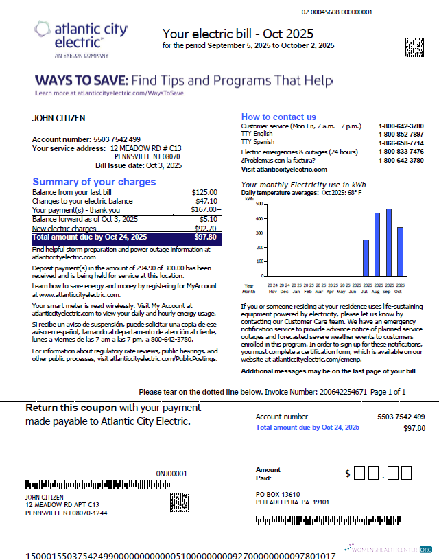 download download USA Atlantic City Electric utility bill template in Word and PDF formats PDF template PDF template